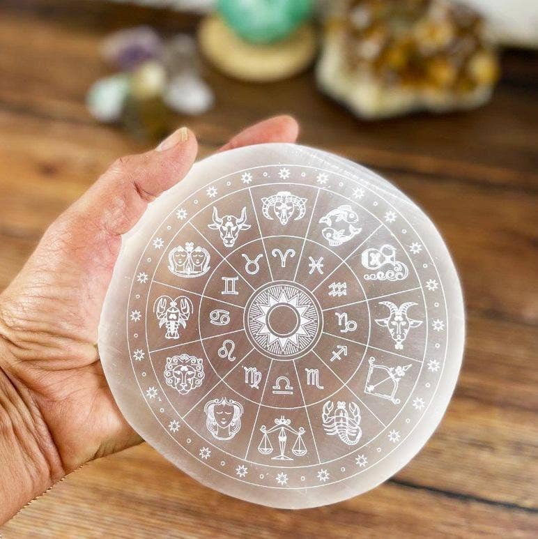 Selenite Etched Charging Plate - Engraved Zodiac Signs 14