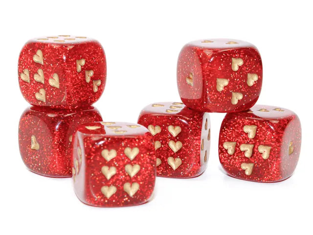 Adventure Dice - Glitter Ruby Red Heart Pips - D6 Dice set
